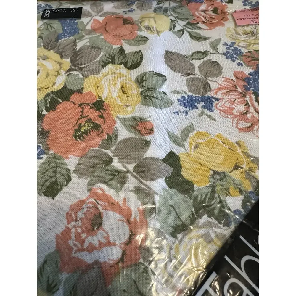 Vintage 1986 Floral Fabric Tablecloth 52”x 52” Square Cottage Core Granny Core